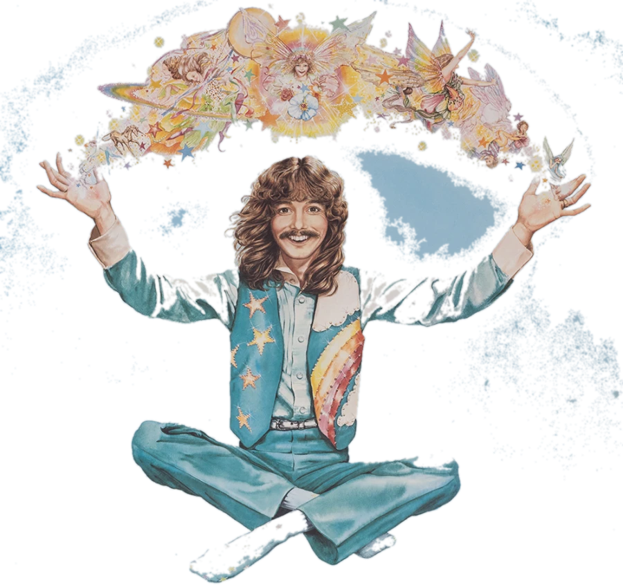 Illustration of Doug Henning sitting cross-legged in mid-air, arms raised, a band of fairies and stars arcing above his hands — from the 1980 World of Magic poster